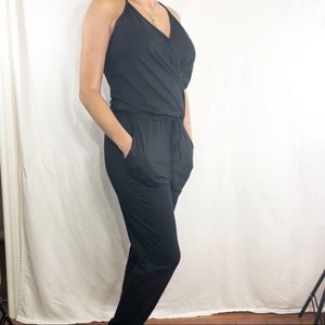 Black Faux Wrap Racer Back Jumpsuit       A115